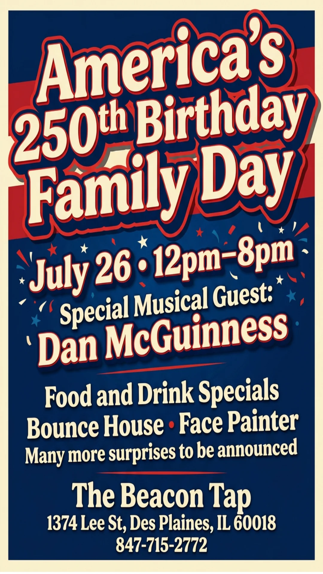 Event poster for America's 250th Birthday Family Day at The Beacon Tap.