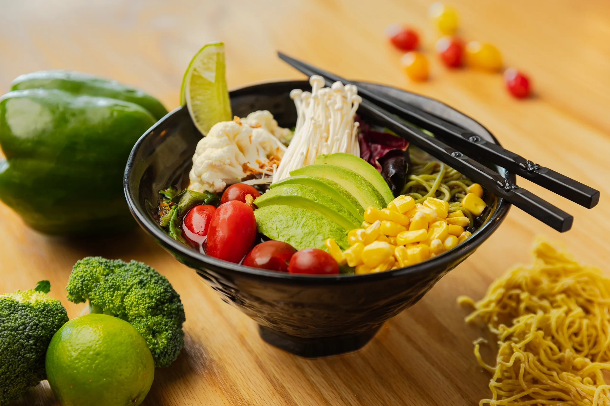 Colorful vegetable ramen bowl with fresh toppings