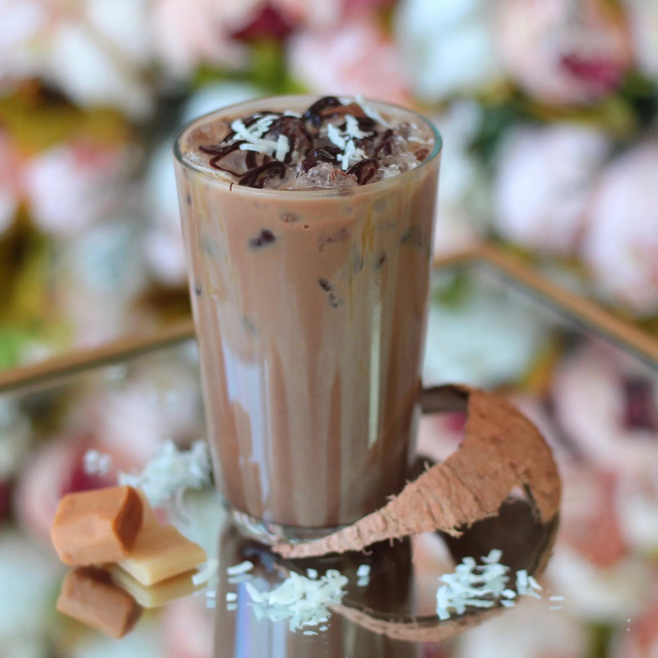 Iced chocolate coconut drink in a glass