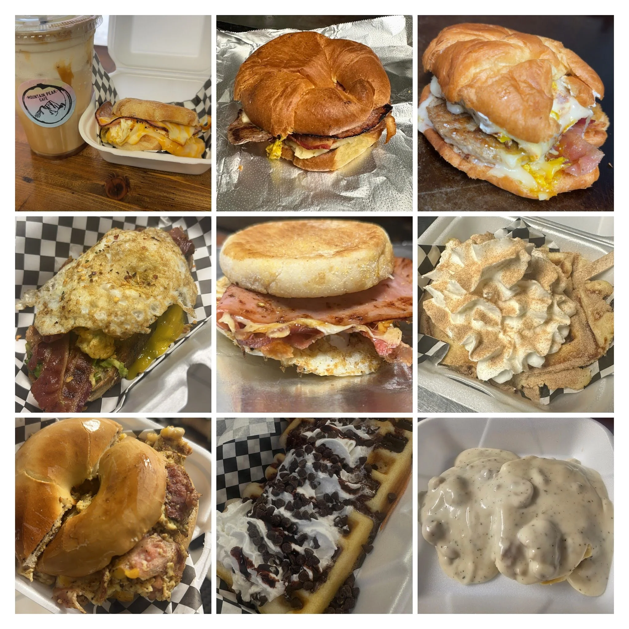 Variety of breakfast sandwiches and desserts in a cozy café setting