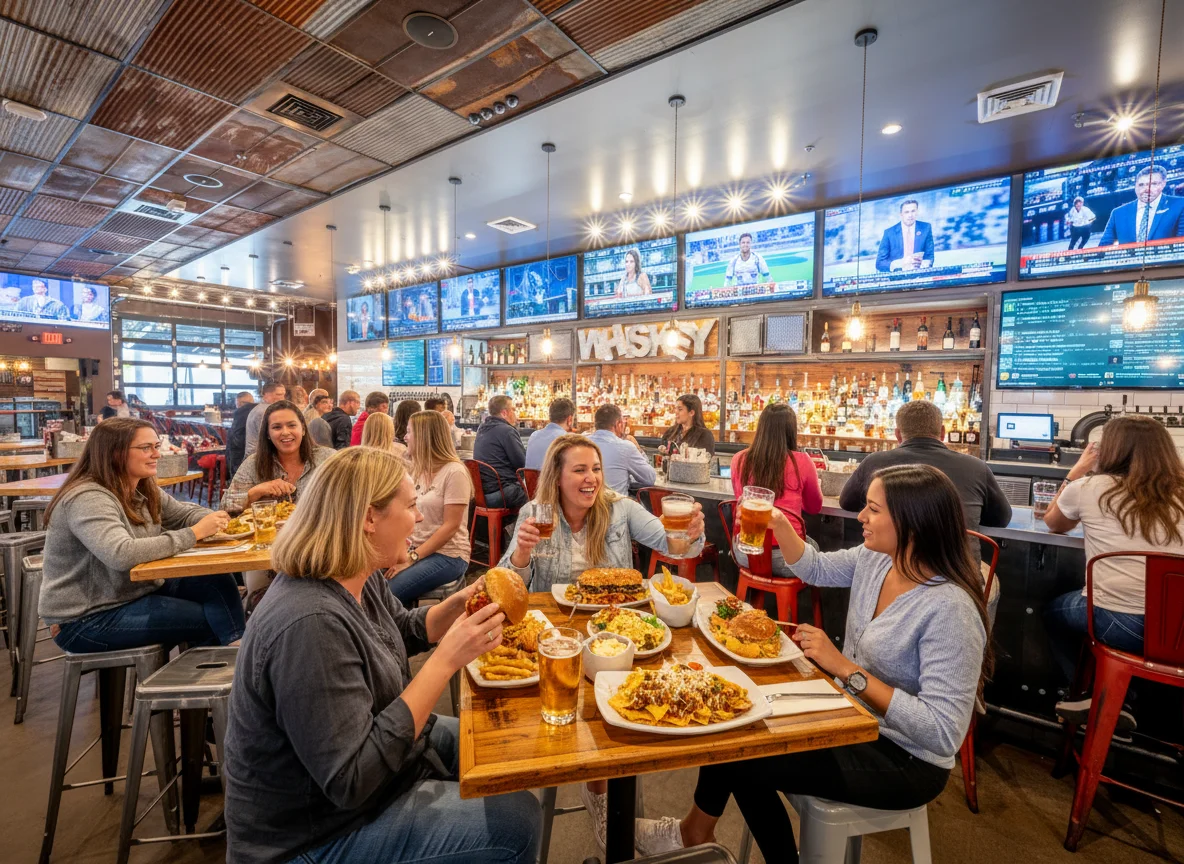 Lively restaurant scene with friends enjoying burgers and drinks