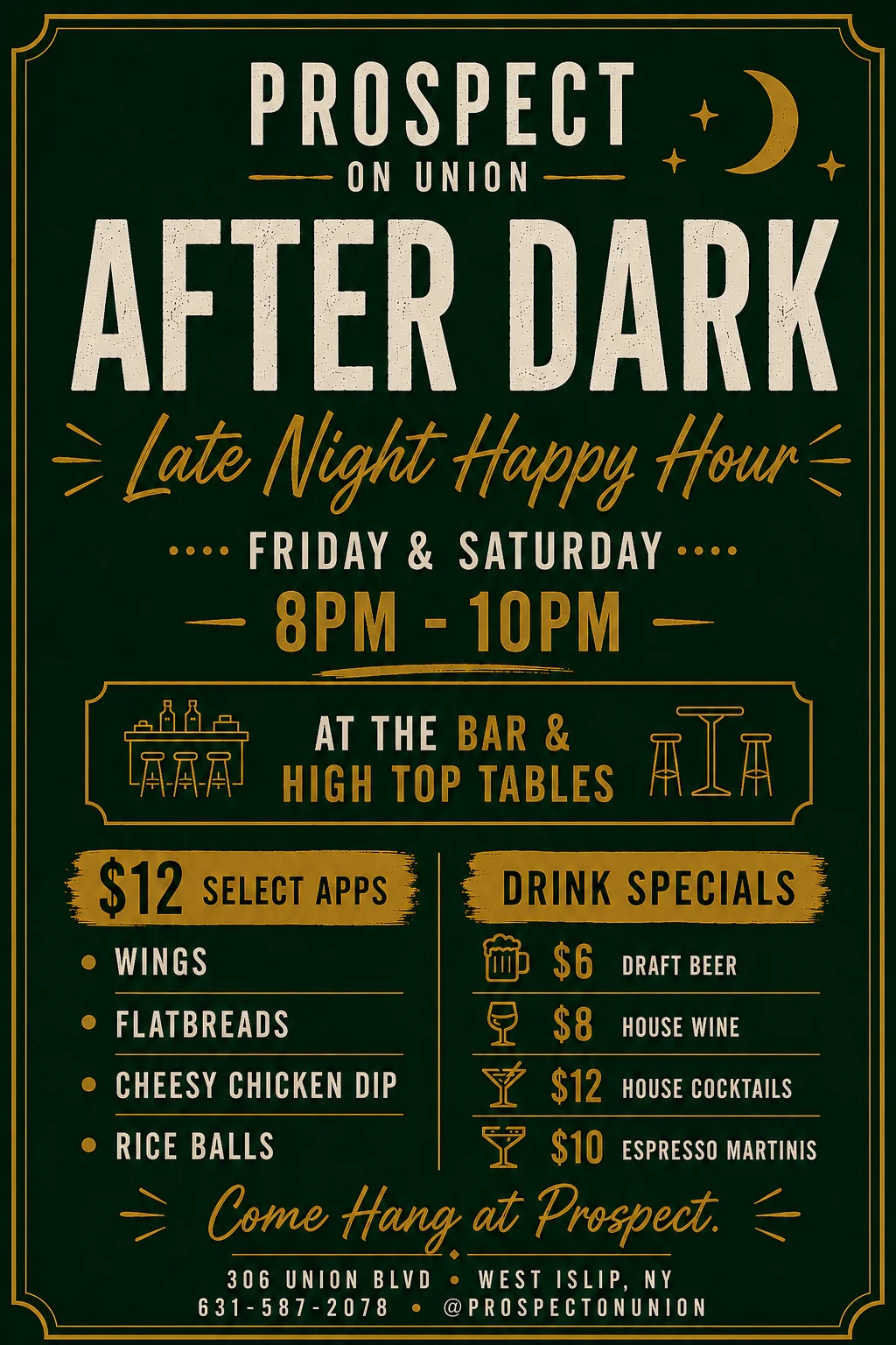 Late night happy hour menu at a restaurant