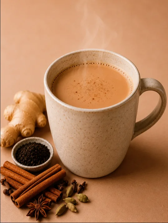 A mug of steaming chai decorated with spices like ginger, cardamom, and cinnamon, alongside loose tea leaves and whole spices on a brown background.