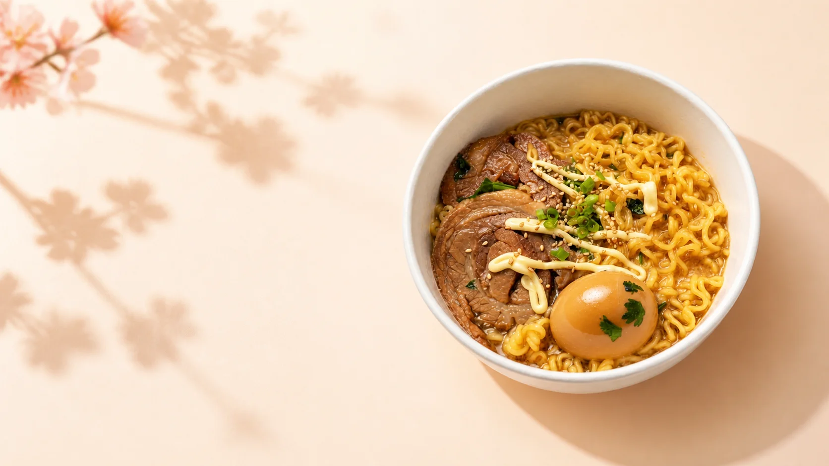 ShakeiT Boba beef ramen with noodles, chashu, egg, green onions, and sesame beside soft pink cherry blossoms
