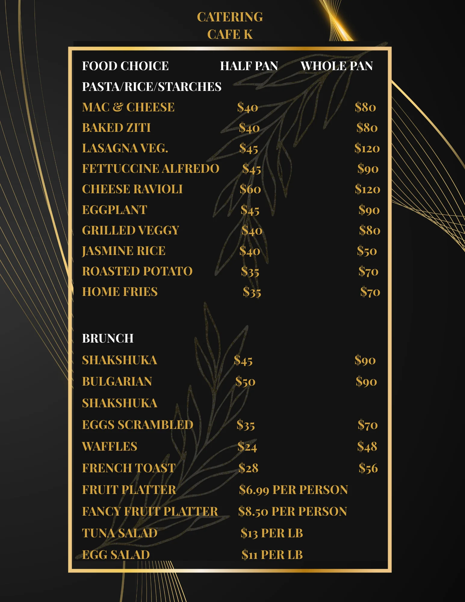 Catering menu featuring pasta and brunch options from Cafe K
