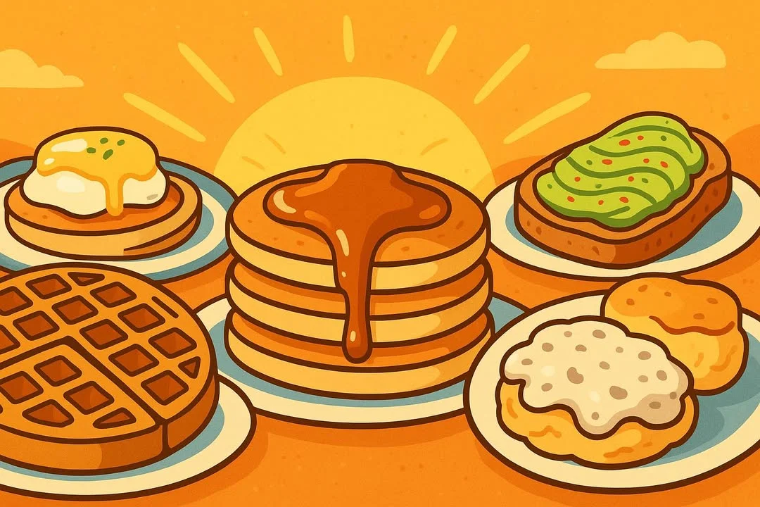 A colorful illustration of a breakfast spread featuring pancakes with syrup, a waffle, and biscuits, all set against a vibrant orange background with a rising sun.