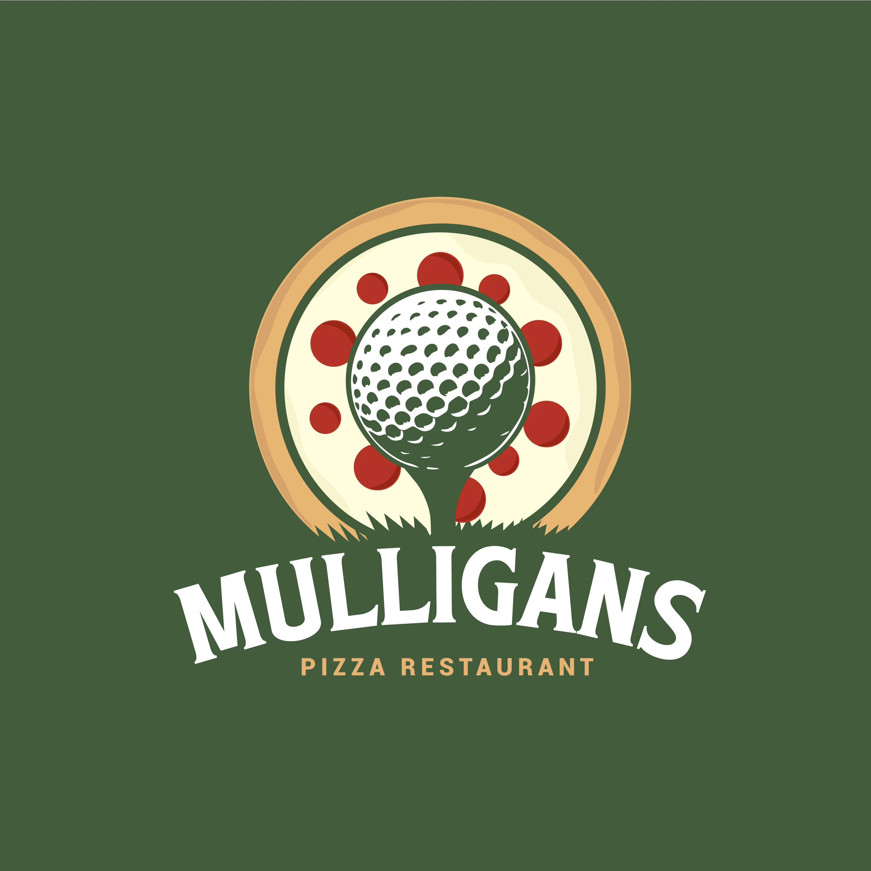 Mulligans Pizza Restaurant logo featuring a golf ball and pizza design