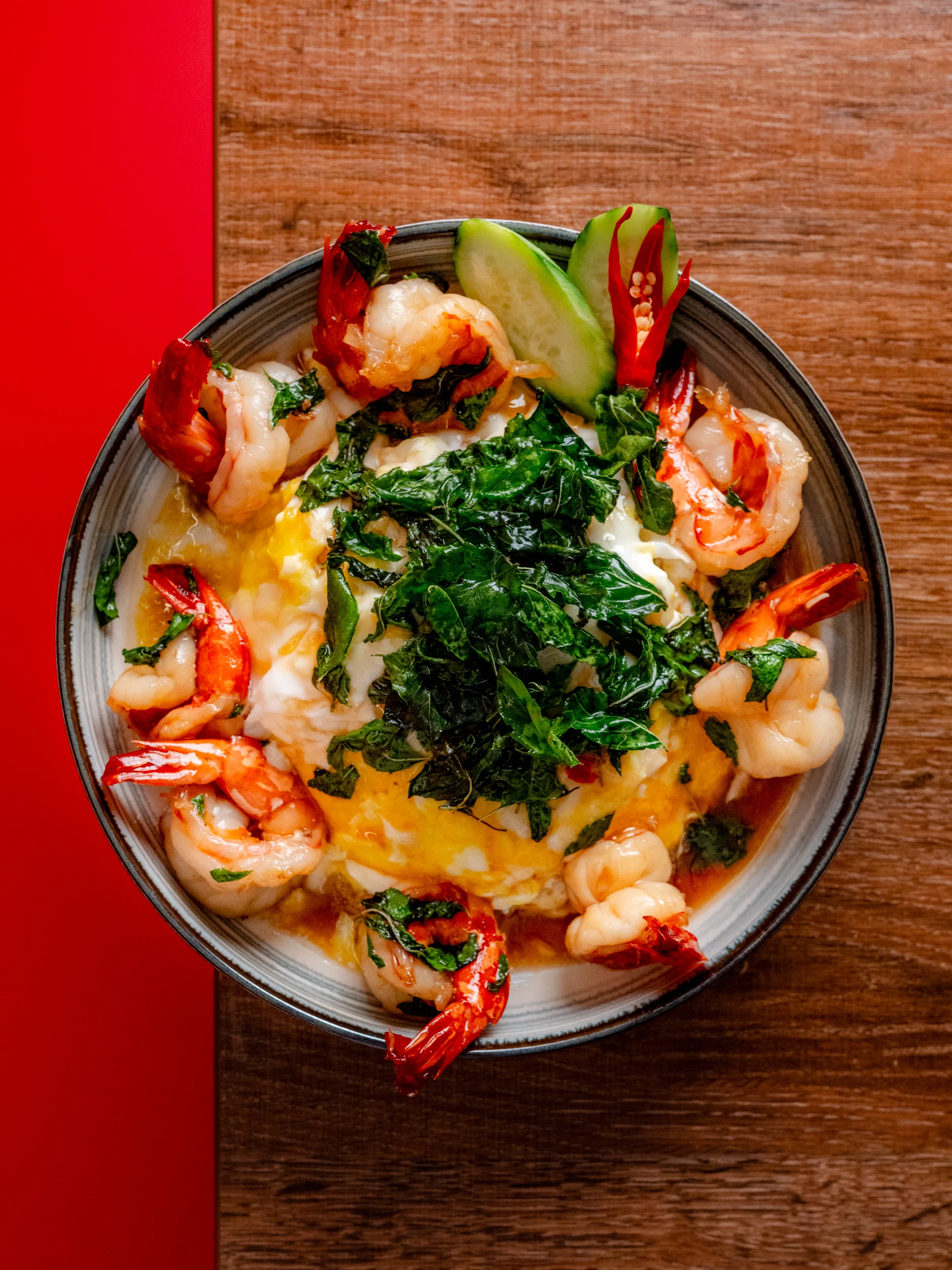 Thai shrimp pad cha with crispy basil and lime
