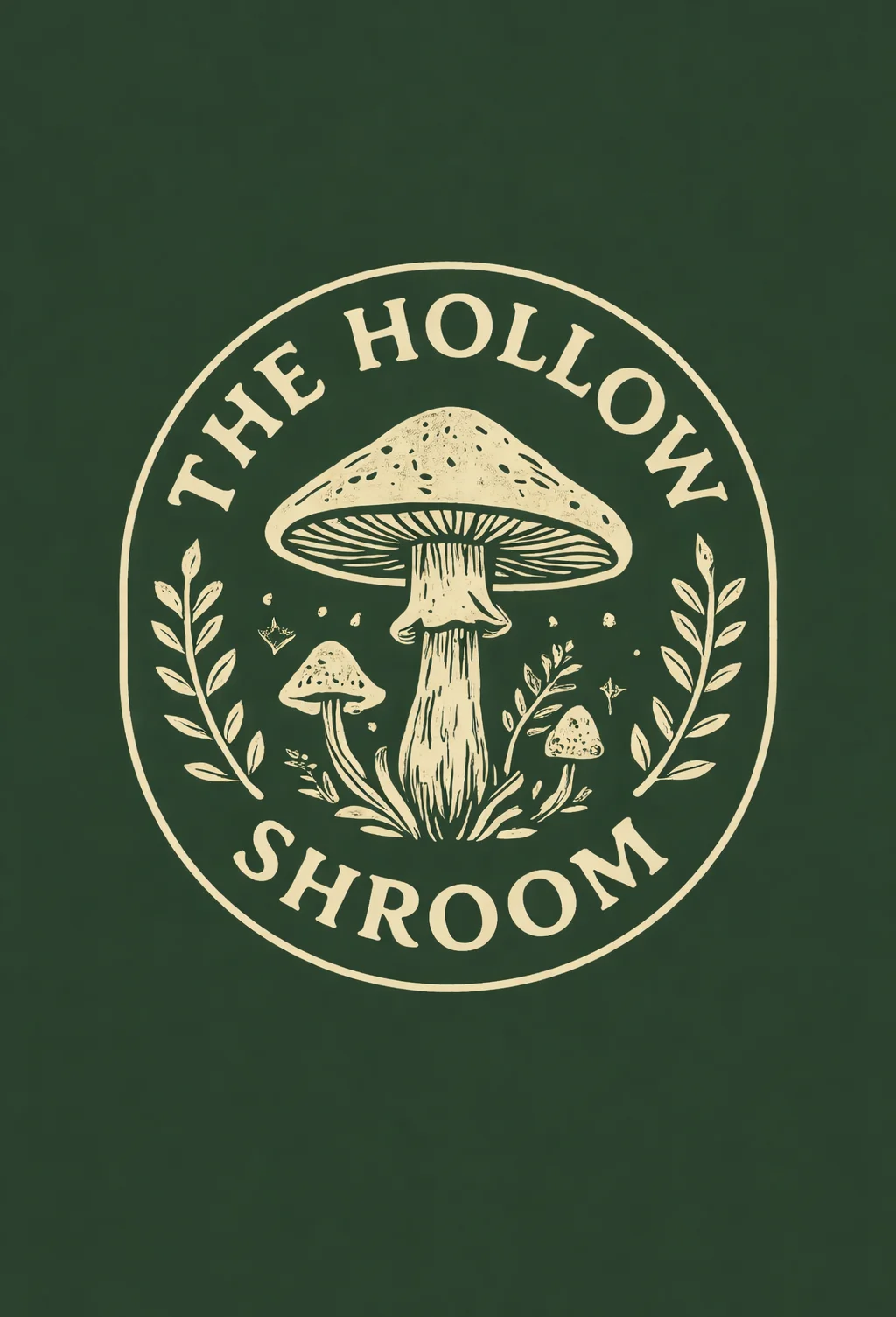 Logo design for The Hollow Shroom restaurant featuring mushrooms and foliage