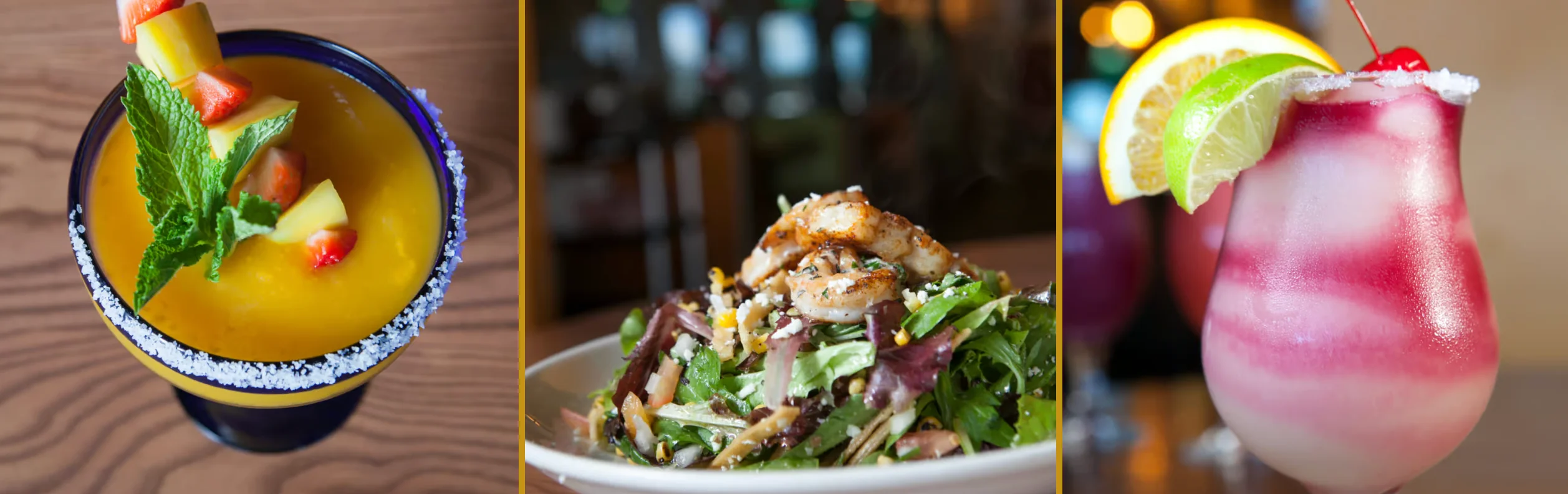 Colorful tropical cocktails and a shrimp salad in a vibrant restaurant setting