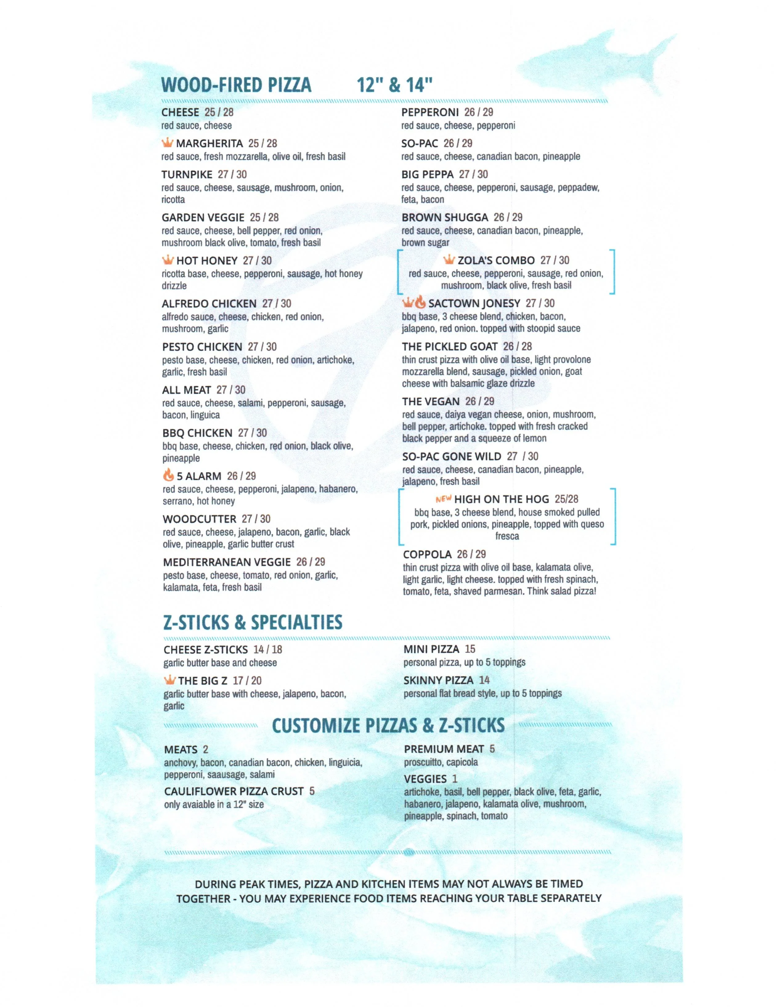Menu featuring wood-fired pizzas and specialty items with prices.
