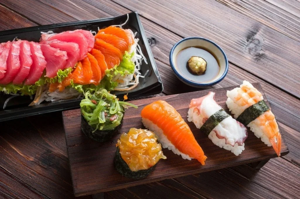 Assorted sushi platter featuring nigiri and sashimi
