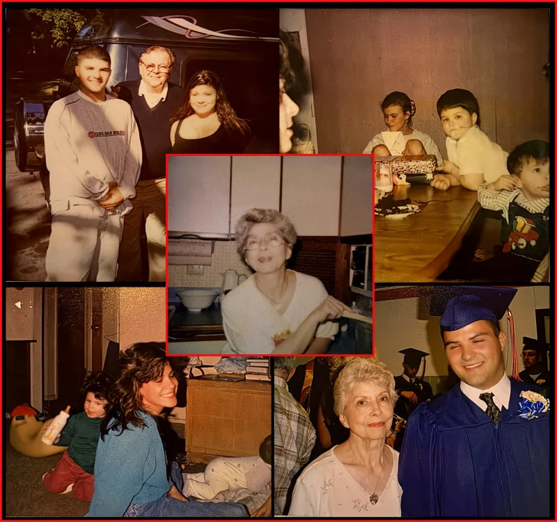 Family photo collage featuring multigenerational portraits and childhood memories