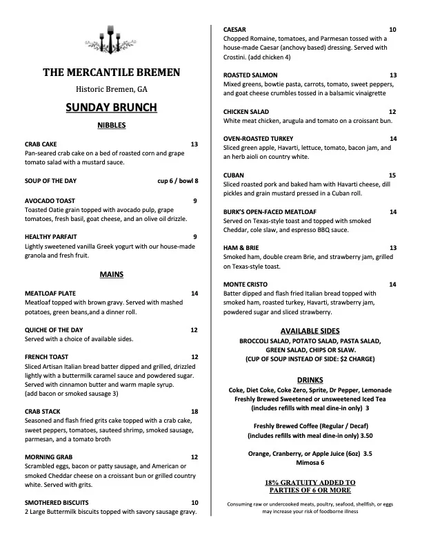 Brunch menu featuring Southern and American dishes