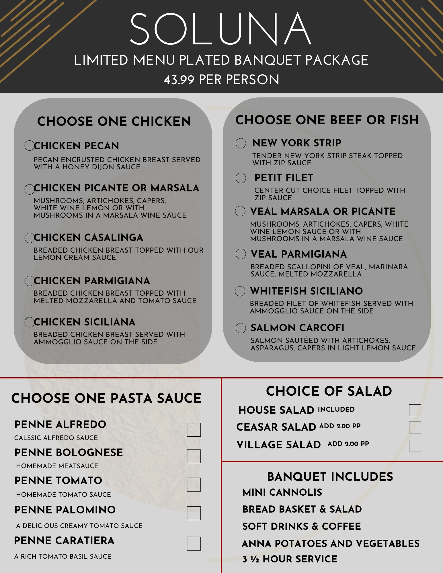 Elegant banquet menu featuring Italian chicken and pasta dishes