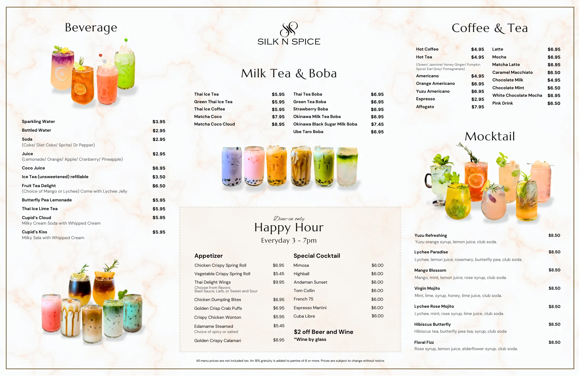 Beverage menu featuring Thai iced tea and colorful mocktails