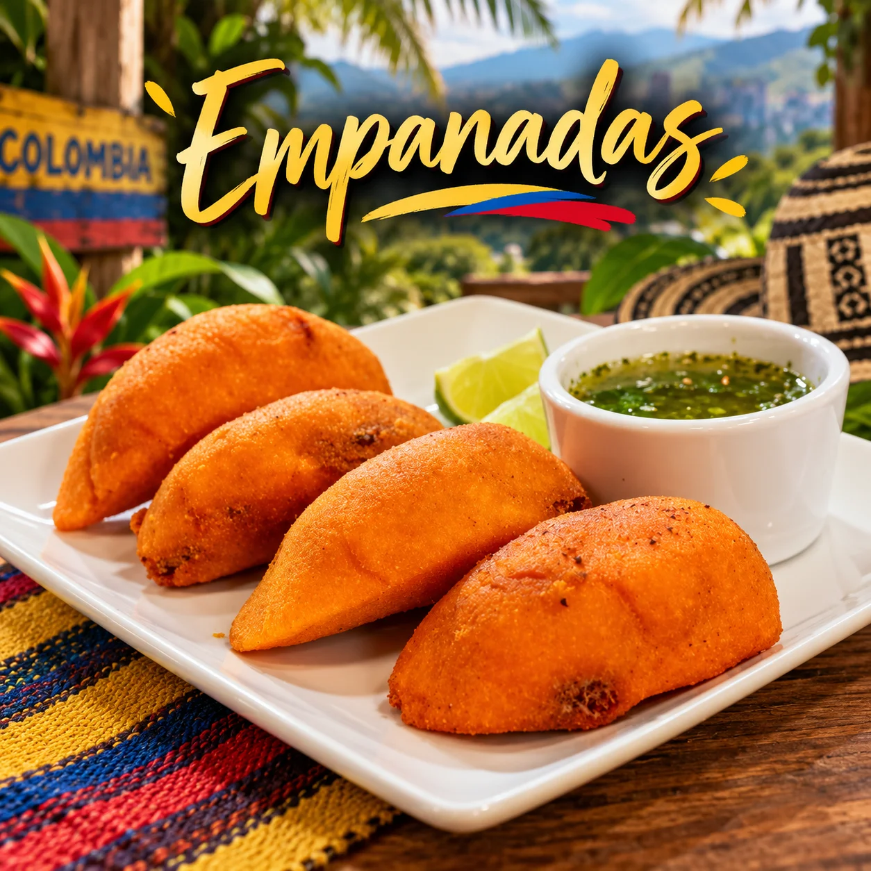A plate of empanadas served with a lime wedge and green sauce. The empanadas are golden brown and arranged neatly on a white plate.