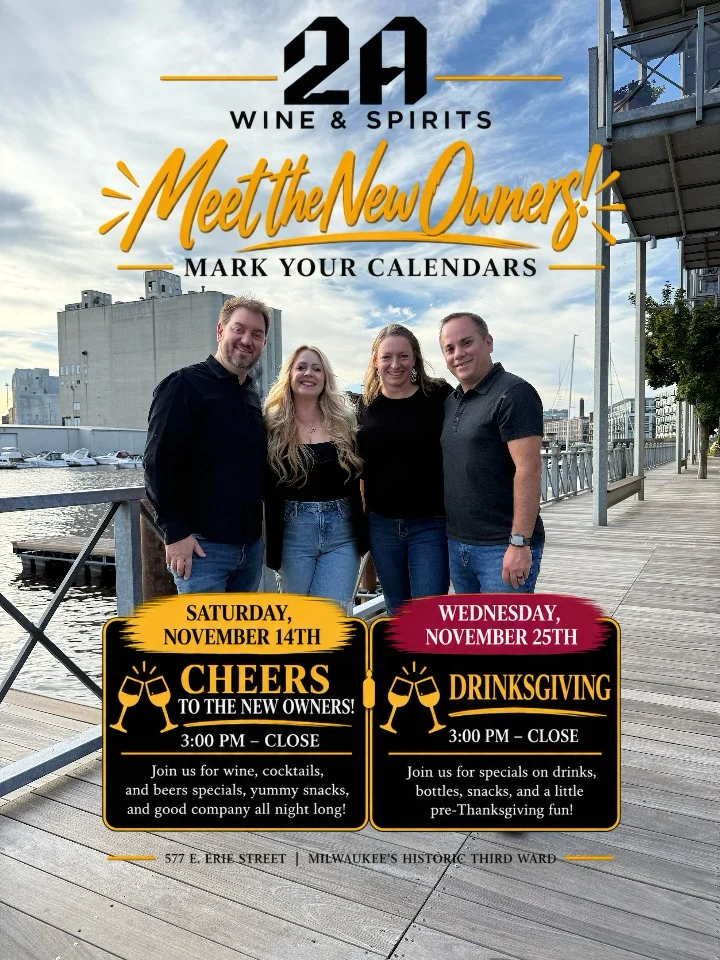 Wine and spirits venue event poster with four new owners on a Milwaukee waterfront
