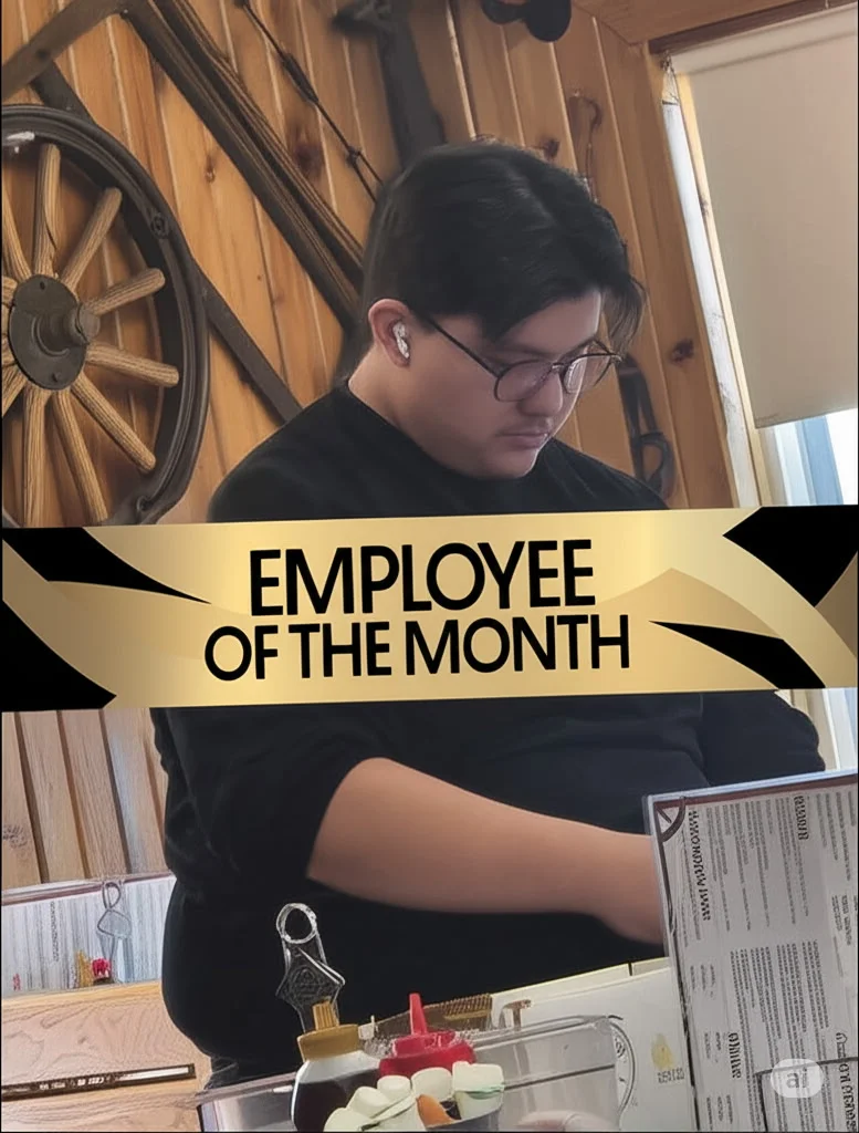 Cozy restaurant interior featuring an employee of the month award