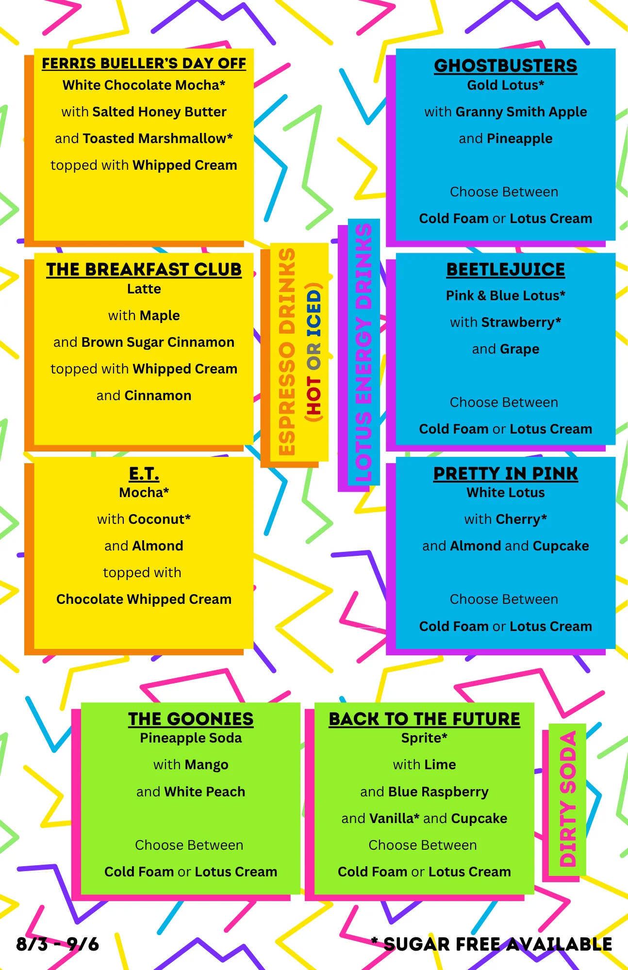 Colorful drink menu featuring espresso and energy drinks