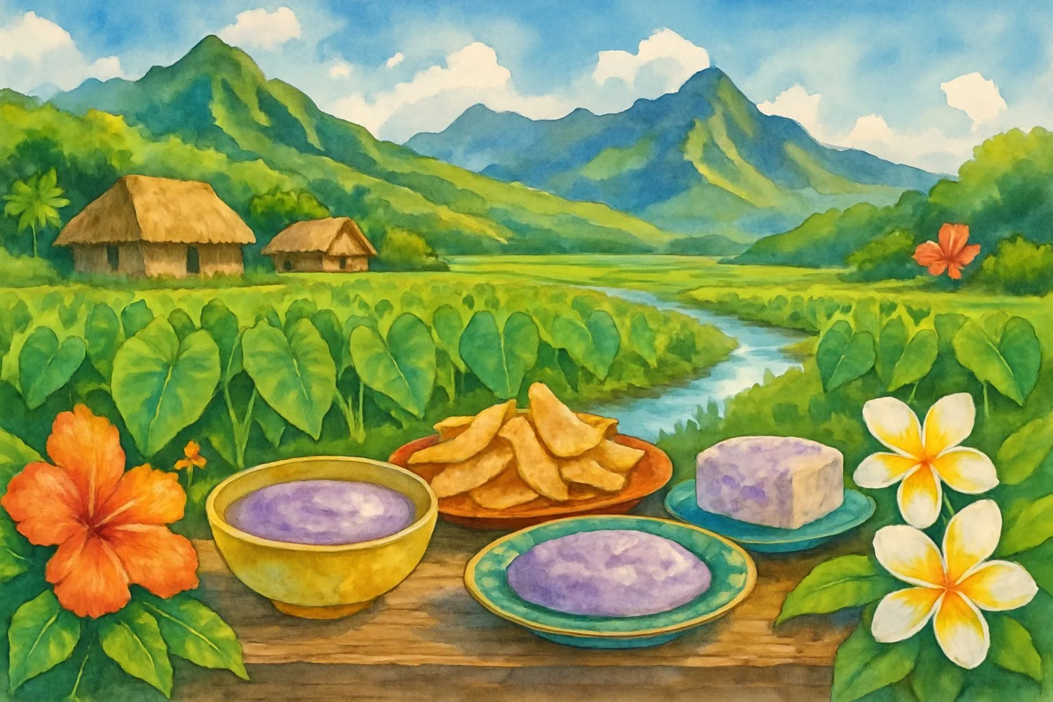 Traditional Hawaiian poi and snacks in a lush landscape