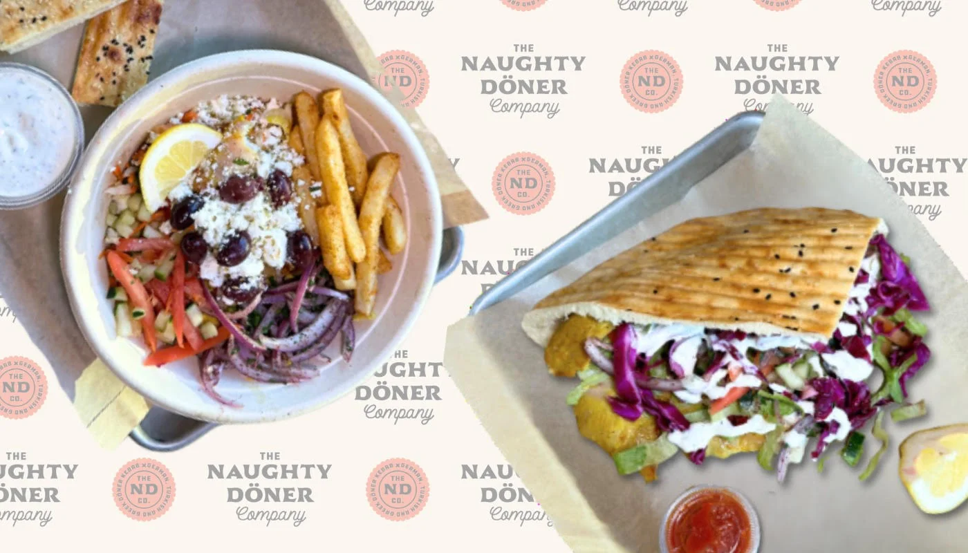 Mediterranean döner wrap and grain bowl with fries