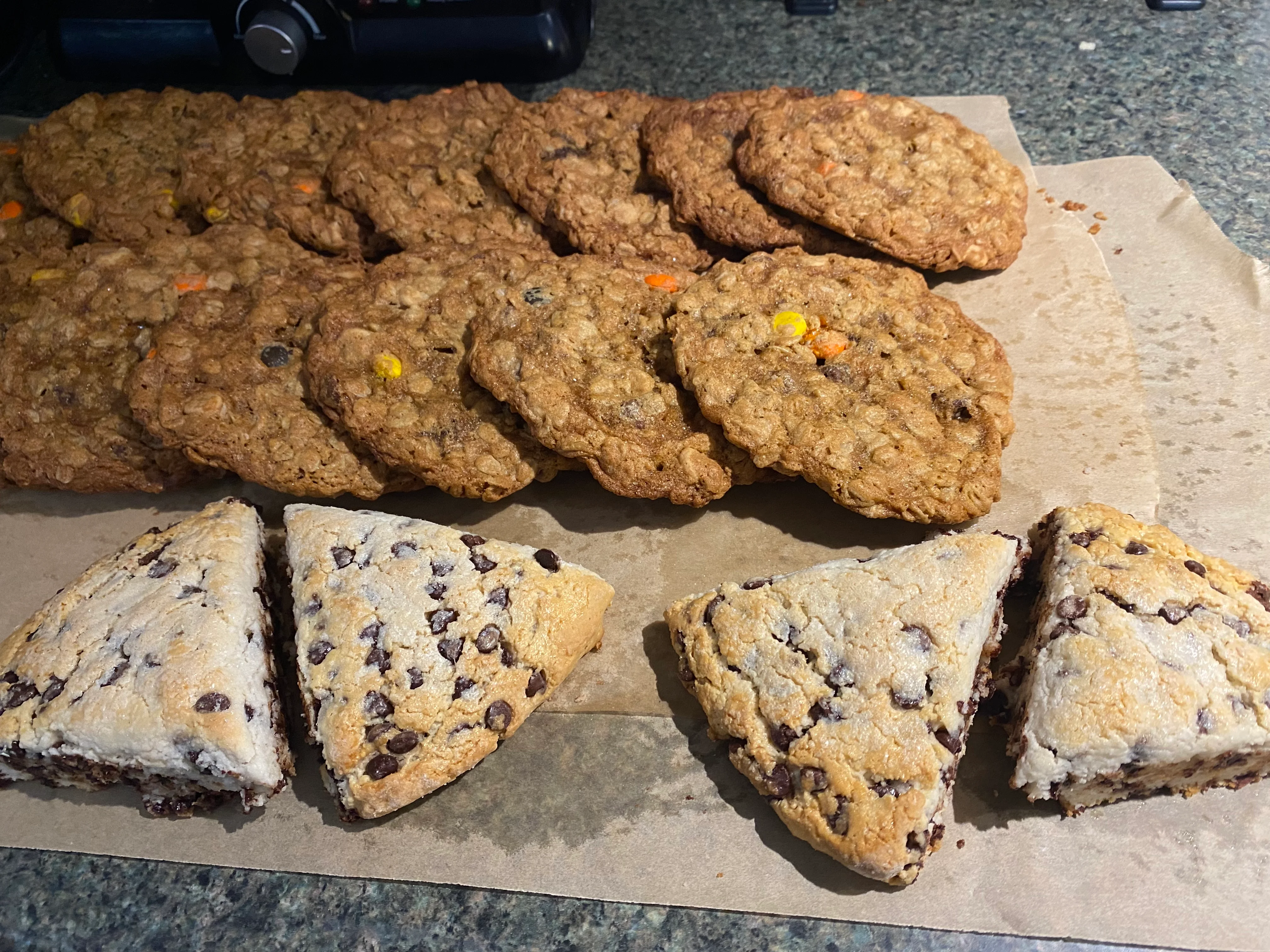 Freshly baked oatmeal cookies and chocolate chip scones