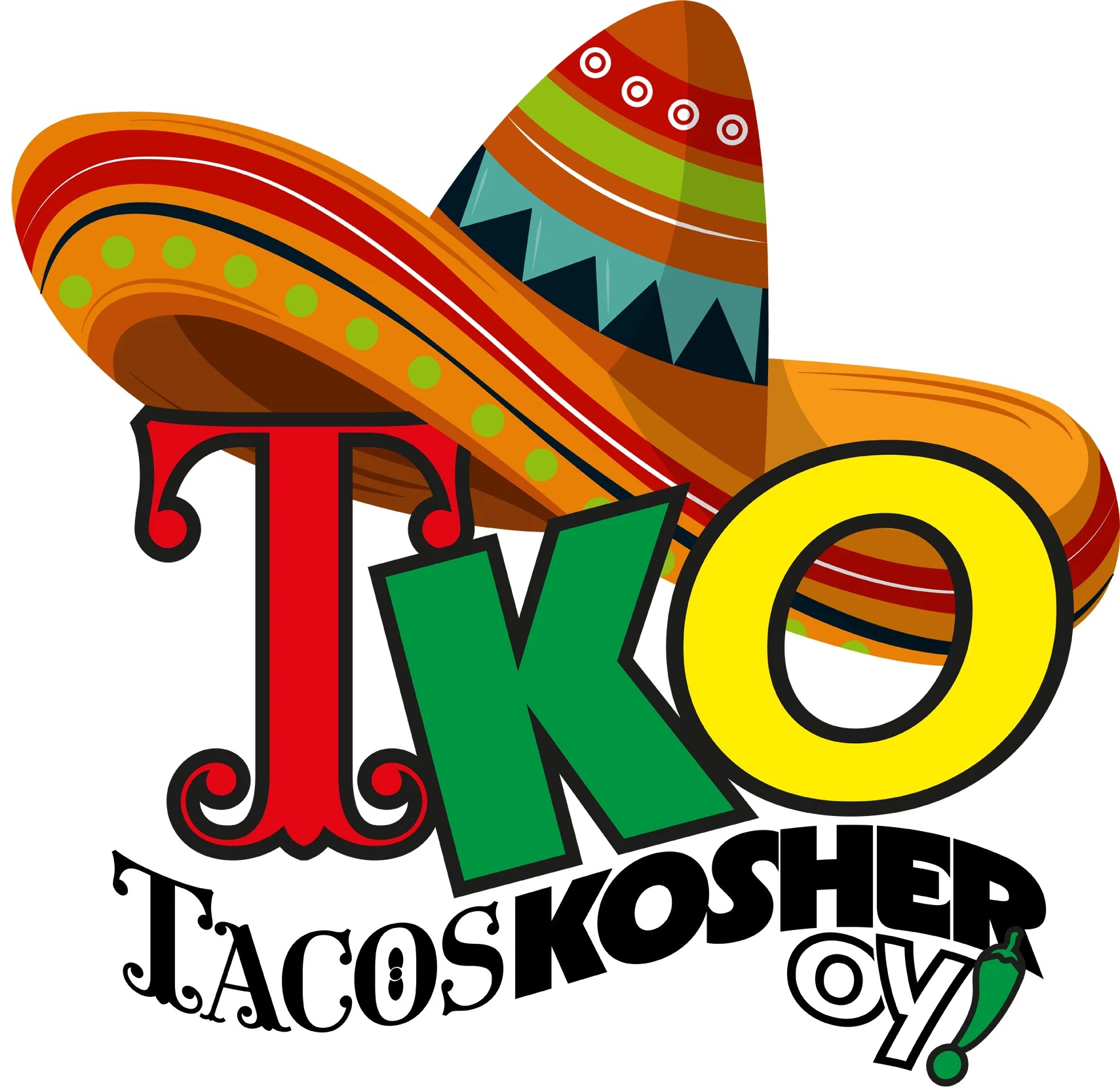 Colorful logo for Tacos Kosher featuring a sombrero