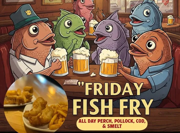 Colorful fish characters enjoying a Friday fish fry in a cozy bar setting