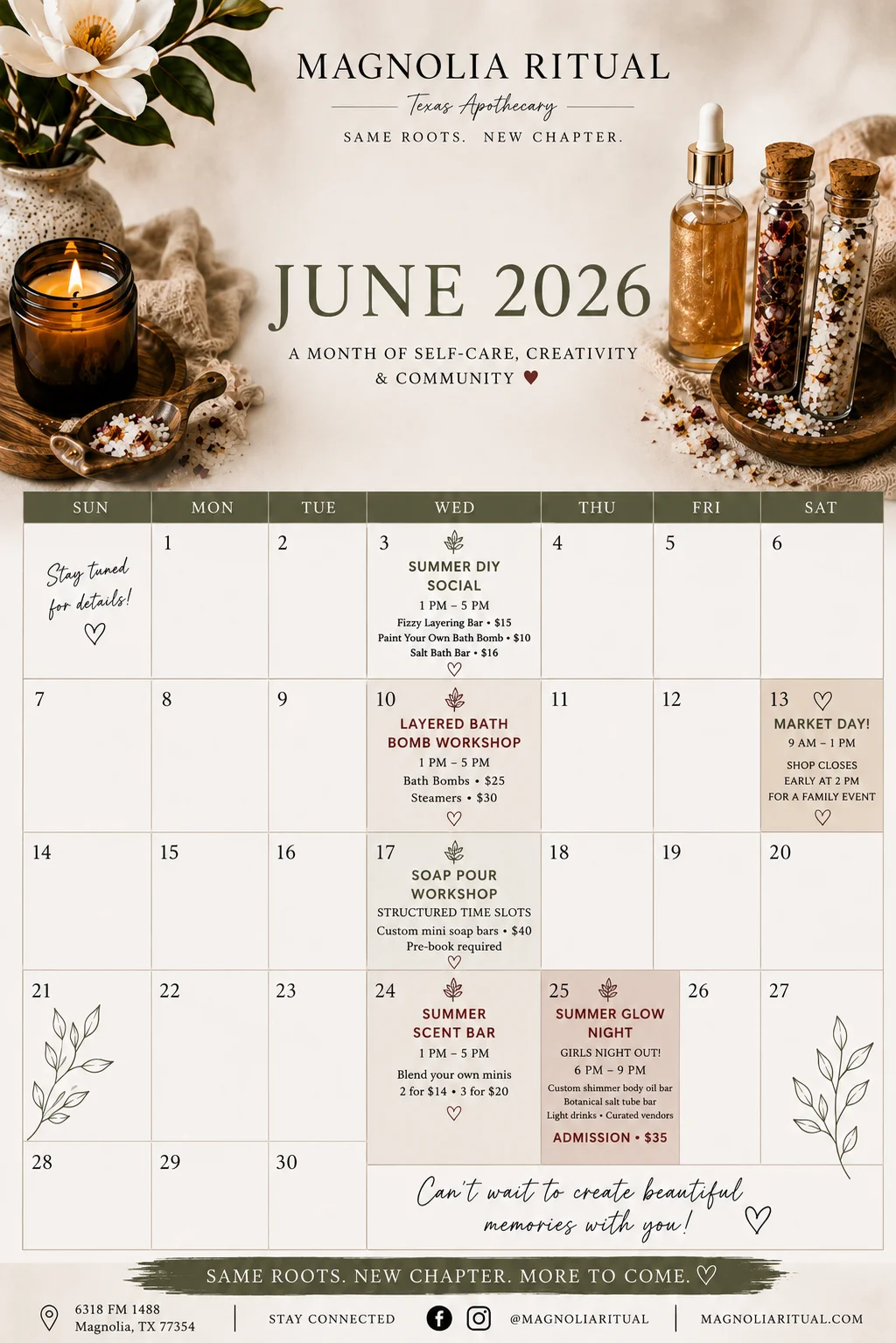 June 2026 calendar for Magnolia Ritual featuring self-care workshops