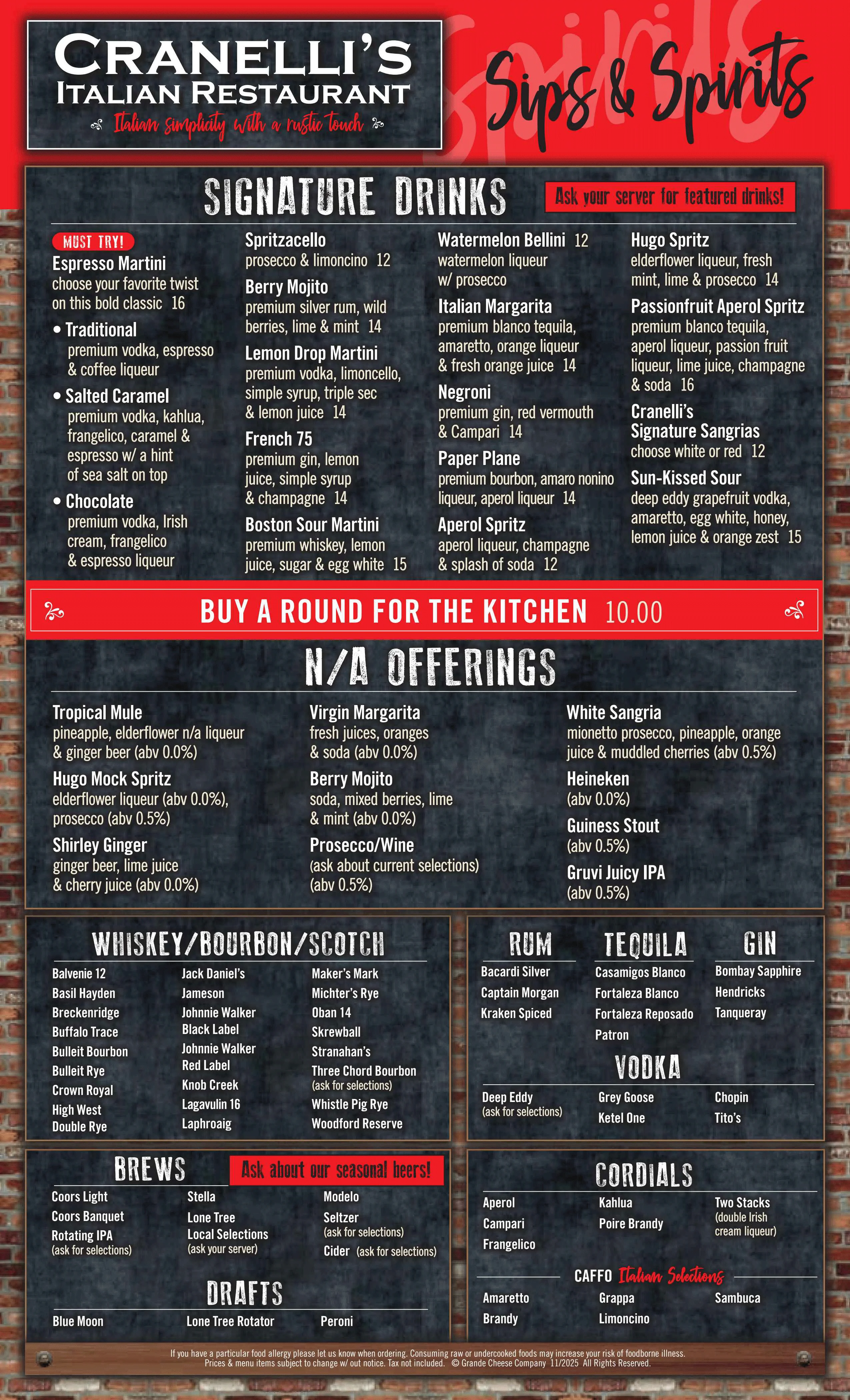 Cocktail menu featuring Italian drinks and signature cocktails