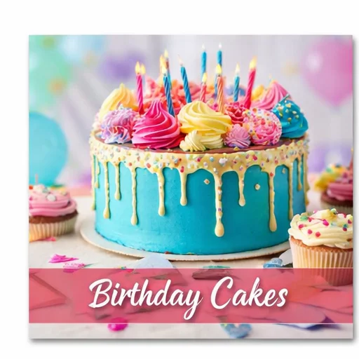 A variety of colorful birthday cakes displayed on a table.