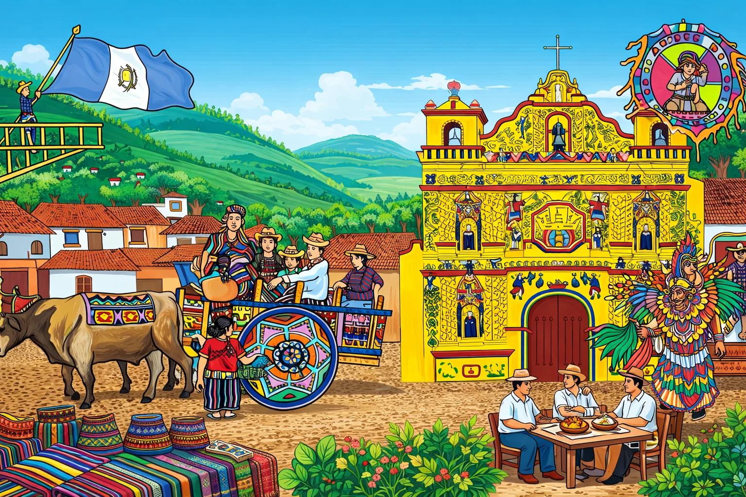 Colorful Guatemalan festival scene with traditional costumes and architecture