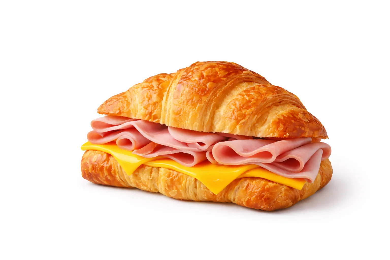 A flaky croissant filled with slices of ham and melted cheddar cheese, making for a delicious and savory sandwich.