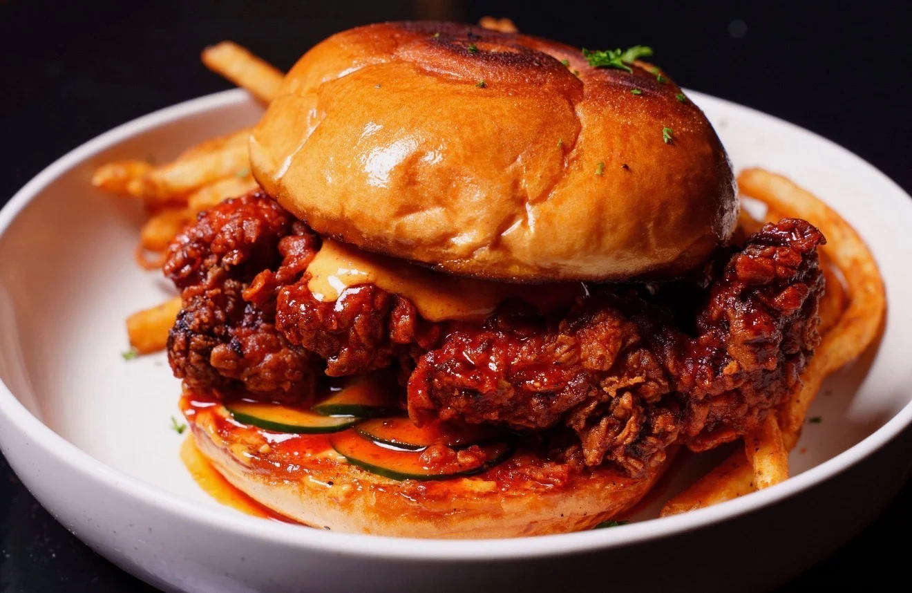 A hearty fried chicken sandwich topped with spicy sauce and served with crispy fries on the side.