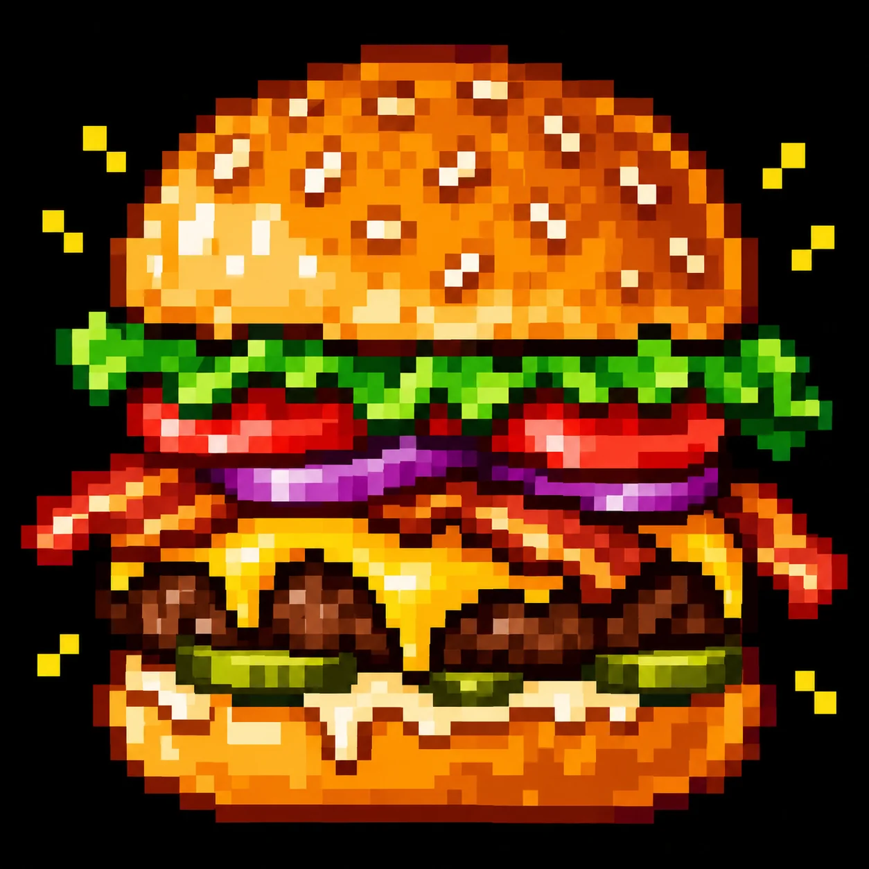 Delicious pixel art cheeseburger with lettuce, tomato, and bacon