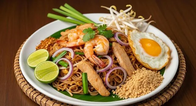 Delicious Thai pad thai with shrimp and egg