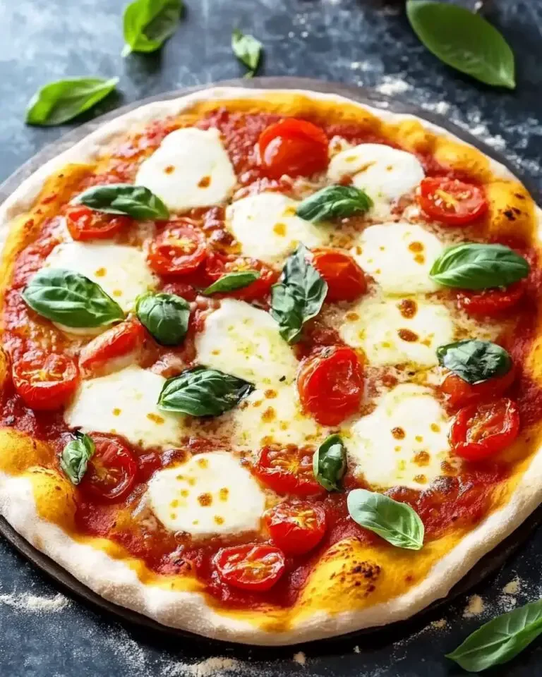 A classic Margherita pizza with fresh mozzarella, cherry tomatoes, and basil on a golden crust.