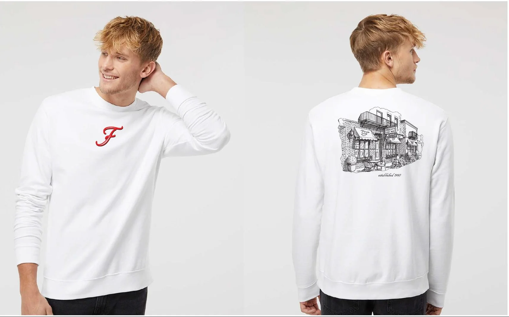 Stylish white sweatshirt featuring a graphic design of a restaurant facade