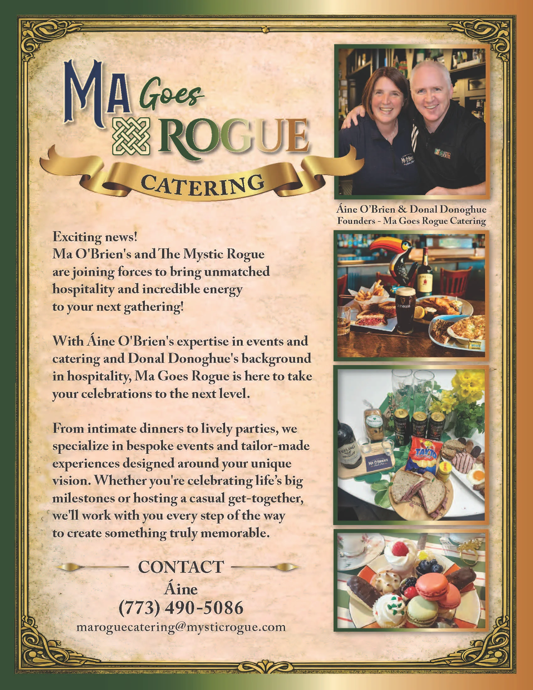 Catering flyer for Ma Goes Rogue with event details and food images