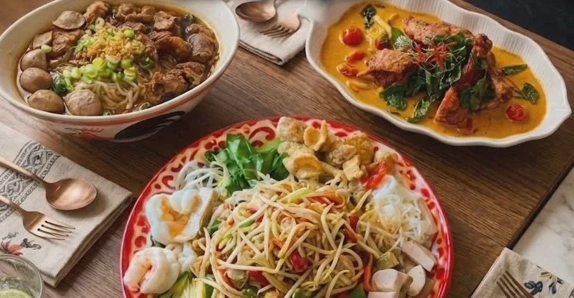 Delicious Malaysian curry chicken with noodles and fresh vegetables