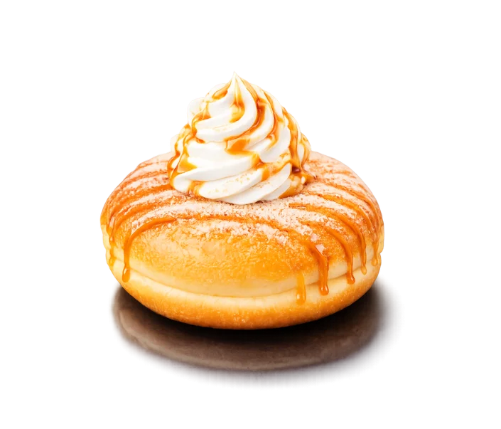 Churro Cream Pie brioche donut coated in cinnamon sugar with caramel drizzle and whipped cream