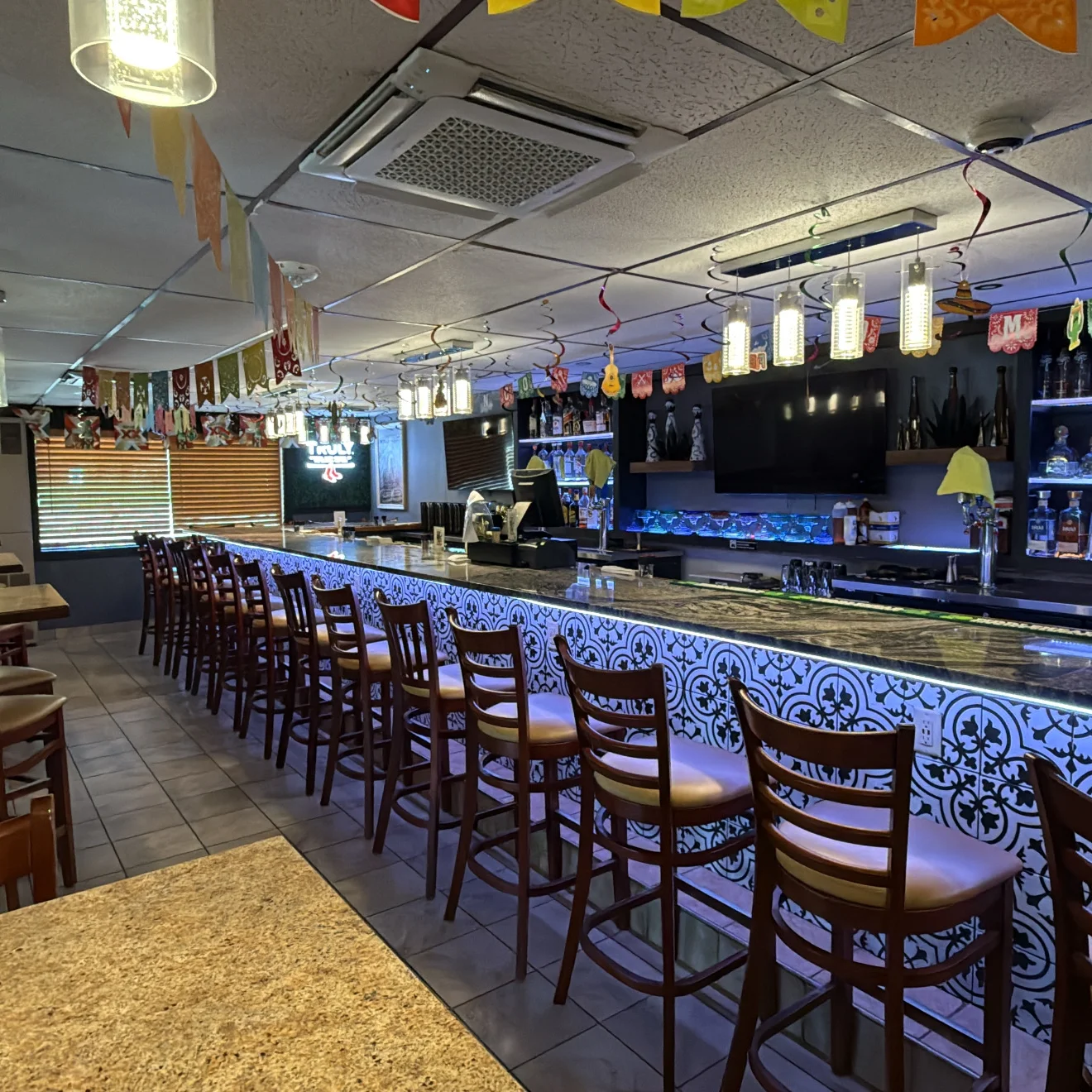 Modern bar interior with stylish seating and vibrant decor