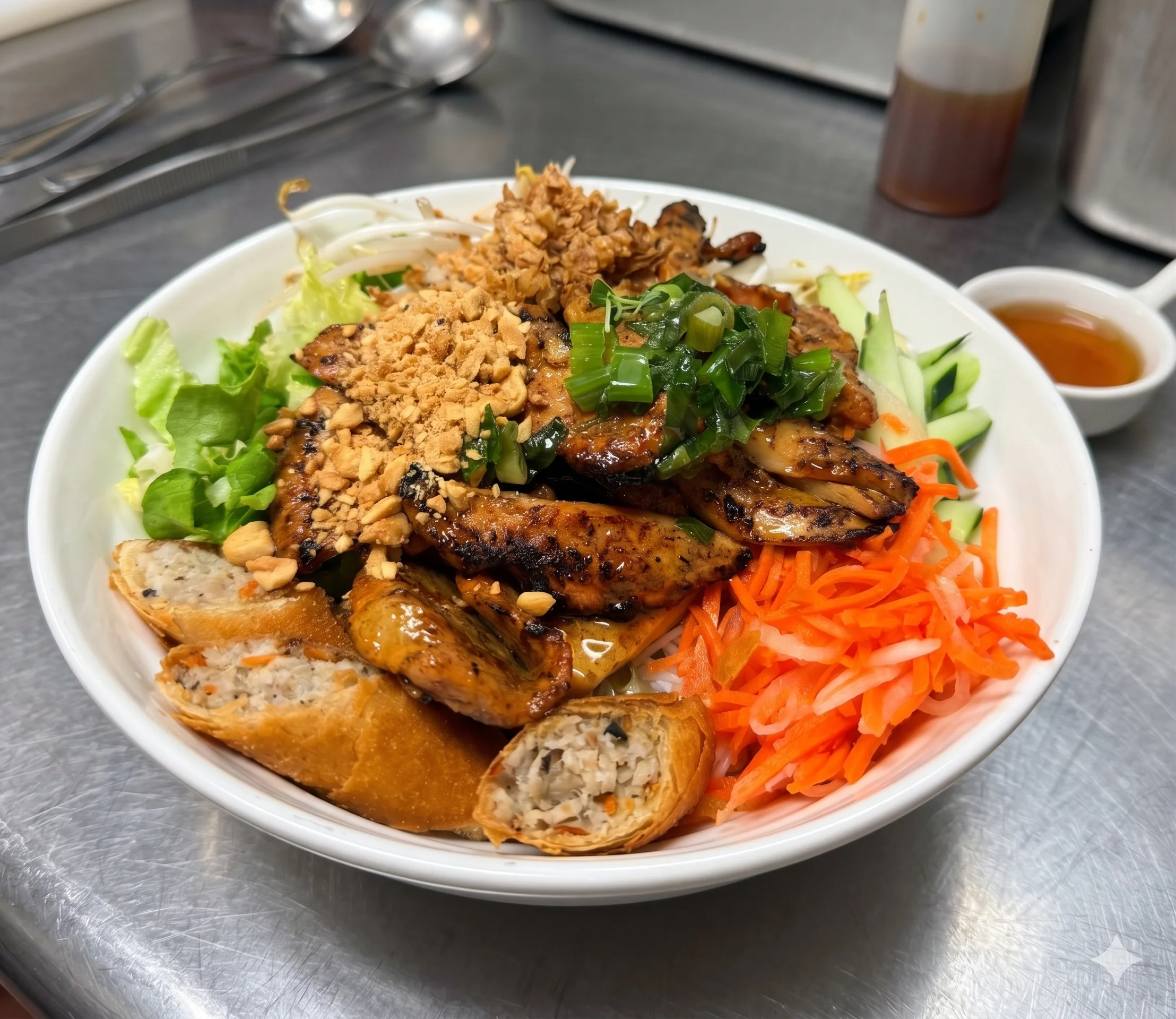 Bowl of grilled chicken with vegetables and spring rolls, garnished with peanuts.