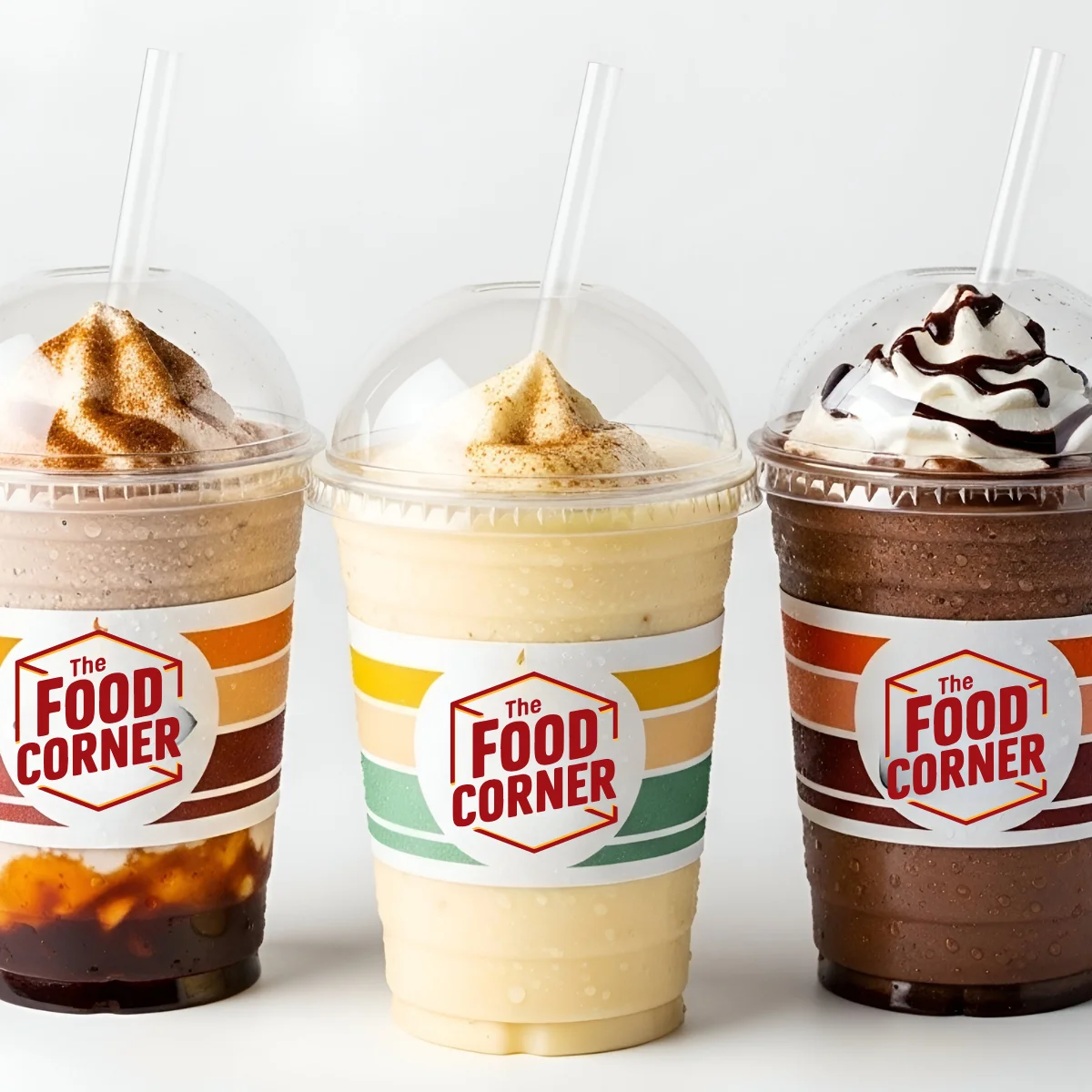 Three colorful milkshakes from The Food Corner in clear cups