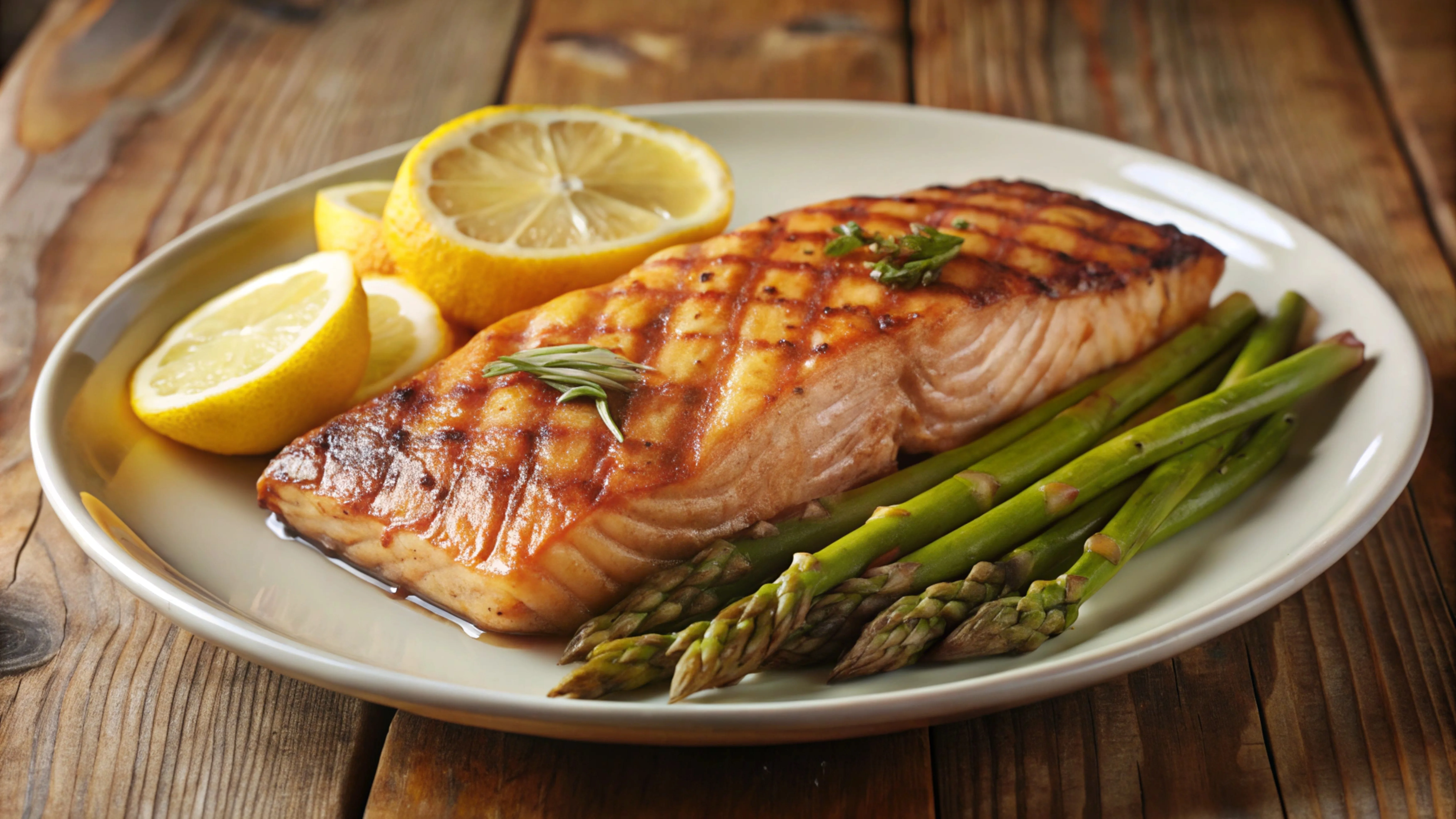 Grilled salmon with asparagus and lemon slices
