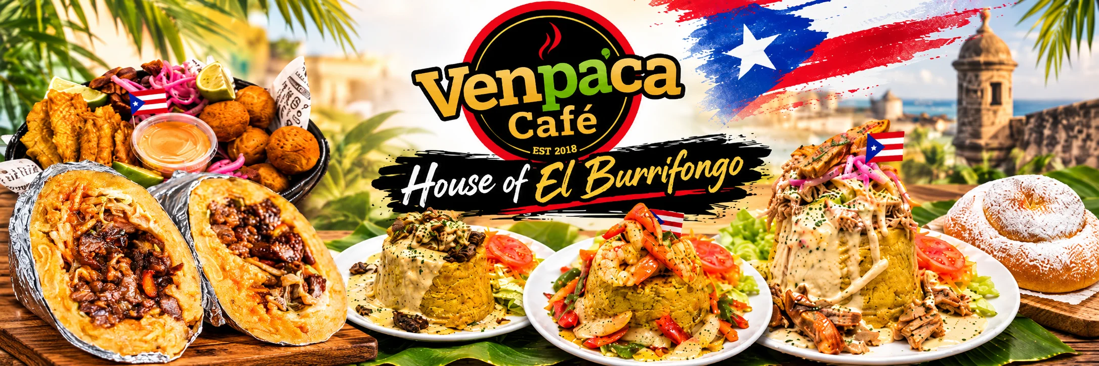 Puerto Rican cuisine collage with mofongo, burritos, fried appetizers, and café branding