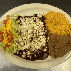 Plate of enchiladas topped with cheese and salad