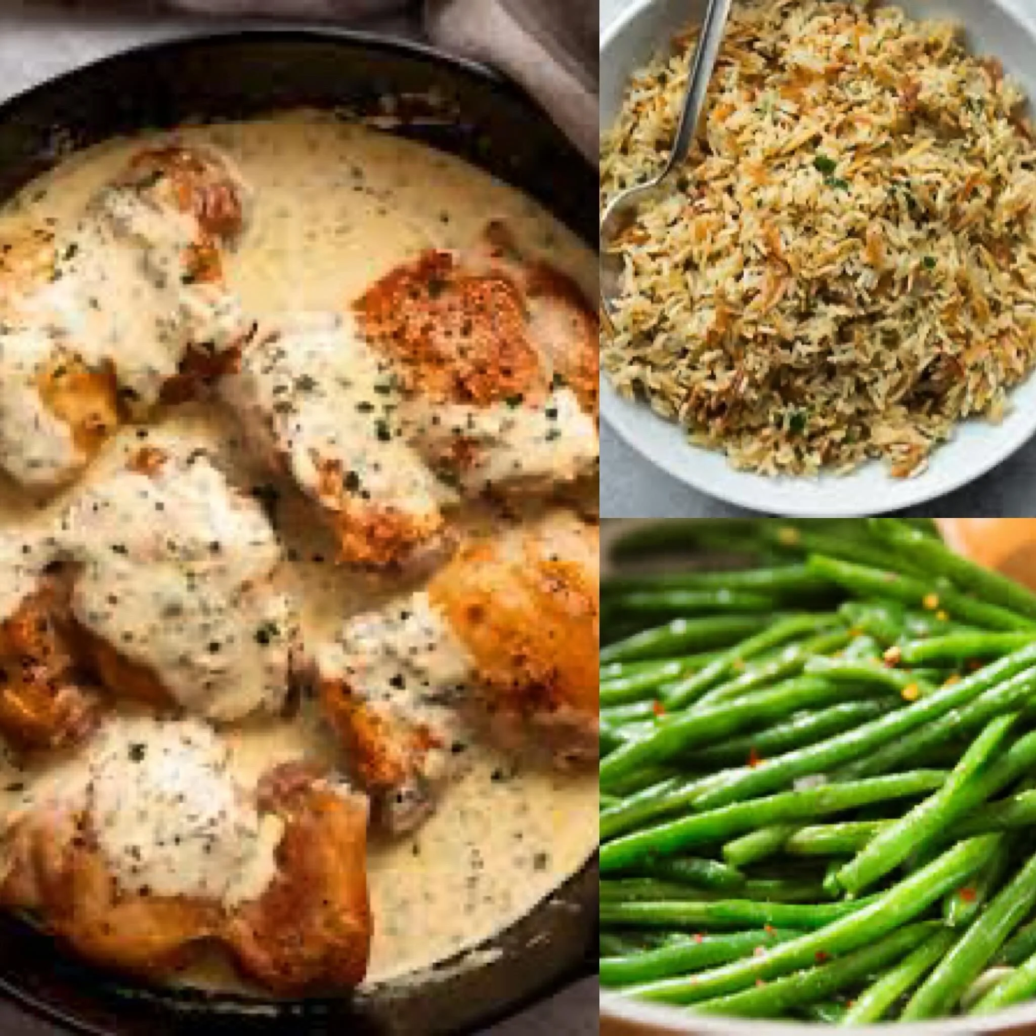 A delicious meal presentation featuring creamy chicken, rice, and green beans, arranged in a visually appealing manner.