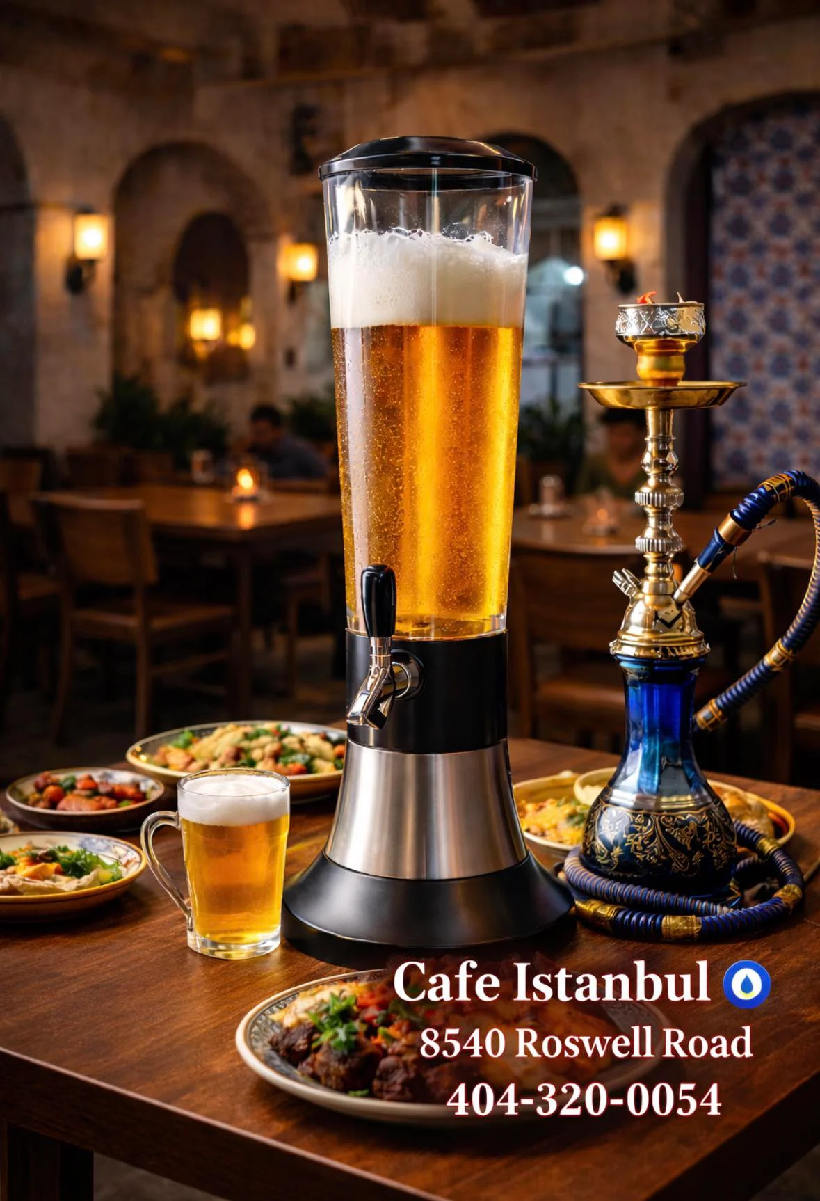 A beverage dispenser filled with golden beer stands on a table with plates of assorted delicious food and a decorative hookah in the background.
